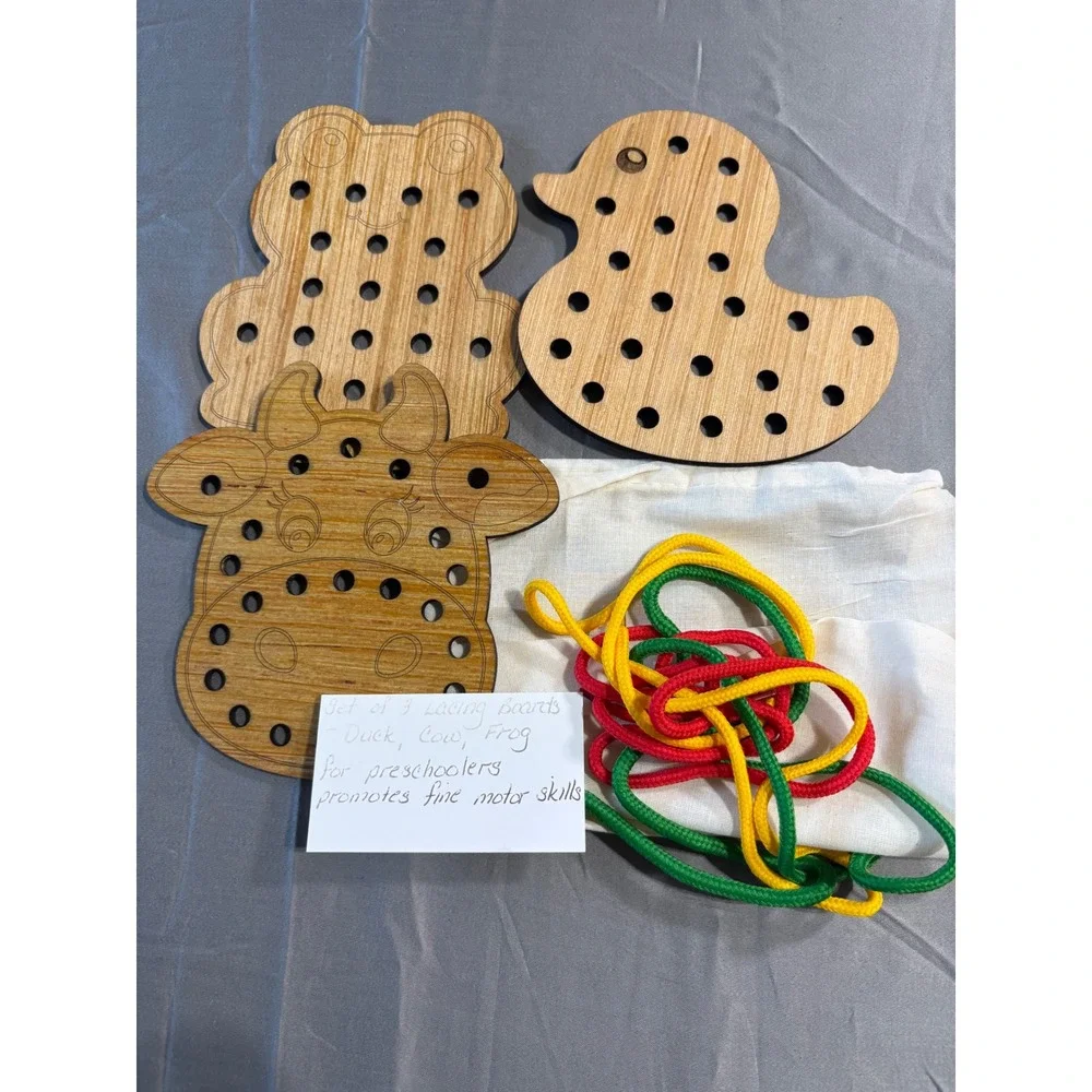 Set of 3 Wooden Lacing Boards Duck Cow Frog Montessori Fine Motor Skills Toy
